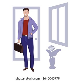 Smiling student guy with a briefcase . Stands at the door and window. Flat stylish illustration.