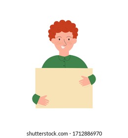 Smiling student guy with an empty placard in his hands isolated on white background. Young man holding a blank sheet with a place for text. Flat vector illustration 