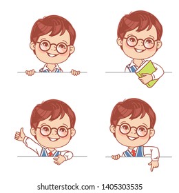 Smiling student hold blank banner. Back to school design template. School boy wear uniform with tie. College teenager with book. Smart boy wearing glasses. color vector illustration.