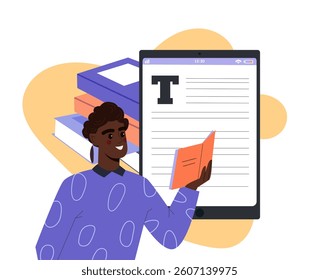 Smiling student holding a book and standing next to a large tablet with text, with stacked books behind, on a white background. Concept of digital learning. Vector illustration