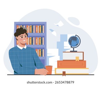 Estudante sorridente segurando uma xícara sentada em uma mesa com livros empilhados e um globo, estante em segundo plano, estilo plano, conceito de educação e aprendizagem. Ilustração vetorial