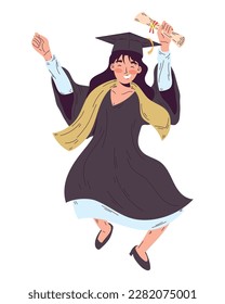 Smiling student jumping for joy over white