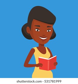 Smiling student reading a book. An african-american student reading a book and preparing for exam. Student holding a book in hands. Concept of education. Vector flat design illustration. Square layout