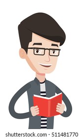 Smiling student reading a book. Caucasian cheerful male student reading a book and preparing for exam. Student holding a book in hands. Vector flat design illustration isolated on white background.