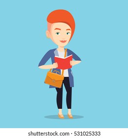 Smiling student reading a book. Cheerful female student reading a book and preparing for exam. Student standing with book in hands. Concept of education. Vector flat design illustration. Square layout