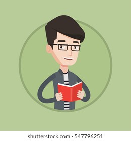 Ein lächelnder Schüler las ein Buch. Fröhliche männliche Schülerin, die ein Buch liest und sich auf die Prüfung vorbereitet. Student, der ein Buch in Händen hält. Vektorflache Design-Illustration im Kreis einzeln auf Hintergrund.