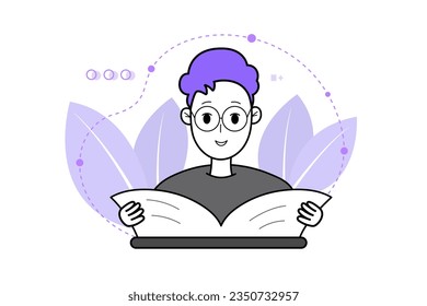 Smiling student reading a book with inspiration. Self-development concept, online learning, trainings, business courses. Modern flat design. Vector illustration.