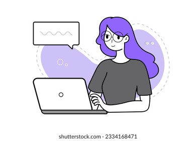 Smiling student is satisfied with learning online courses using laptop. Vector illustration of online learning courses concept.