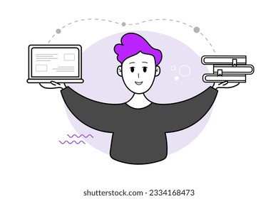 Smiling student is satisfied with studying online courses using laptop and books. Vector illustration concept for online learning courses, business, seminars, trainings.