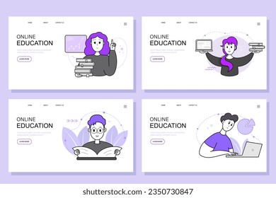 Smiling student is satisfied with studying online courses using laptop and books. Landing page template set. Vector illustration concept for online learning courses, business, seminars, trainings.