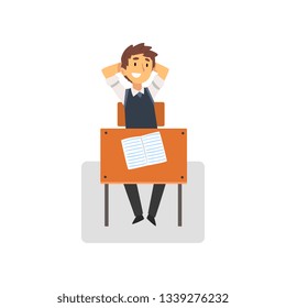 Smiling Student Sitting at Desk in Classroom, Side View, Schoolboy Studying at School, College Vector Illustration