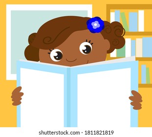 Smiling student studying in a book with blank cover in her room, cartoon vector illustration
