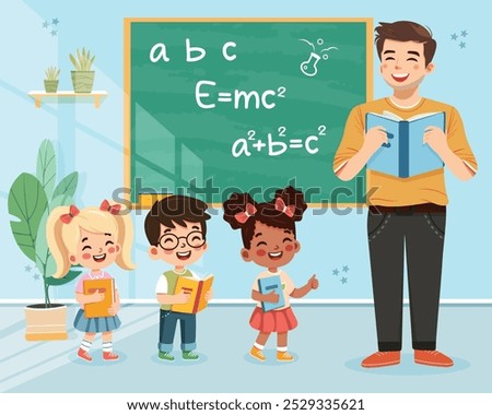 Smiling student and teacher man standing in front of blackboard in classroom at school. World Teachers' Day concept. Poster, Banner, Flyer, Greeting Card. Vector illustration in flat cartoon style