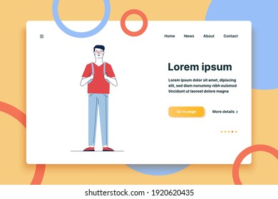 Smiling student wearing glasses and backpack. Full body of cartoon guy in casual flat vector illustration. Smart young man, male character concept for banner, website design or landing web page