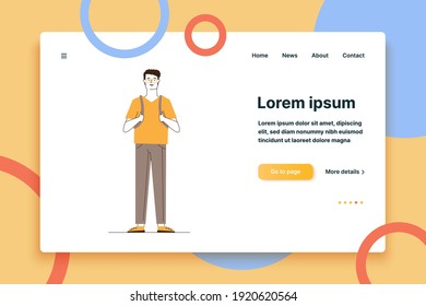 Smiling student wearing glasses and backpack. Full body of cartoon guy in casual flat vector illustration. Smart young man, male character concept for banner, website design or landing web page