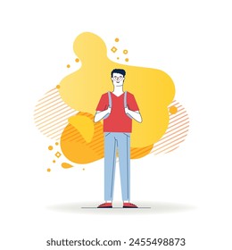 Smiling student wearing glasses and backpack. Full body of cartoon guy in casual flat vector illustration. Smart young man, male character concept for banner, website design or landing web page