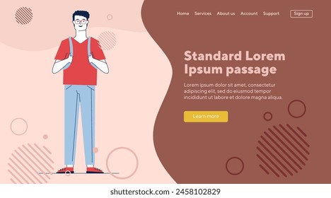 Smiling student wearing glasses and backpack. Full body of cartoon guy in casual flat vector illustration. Smart young man, male character concept for banner, website design or landing web page