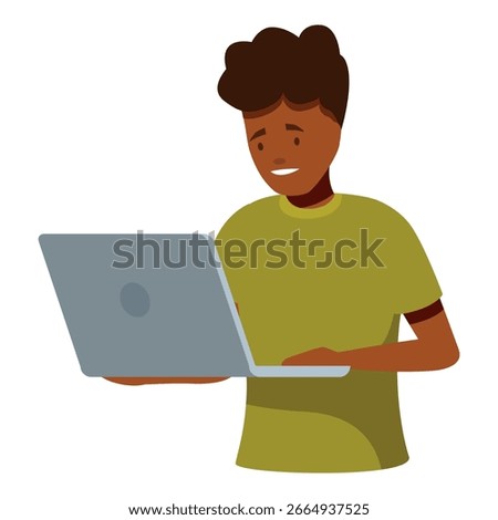 Smiling student or worker using laptop, typing, studying or working, elearning or smart working concept