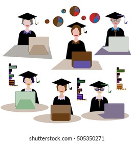 Smiling students in academic caps at seminar. Vector illustration for web, banner,training,print