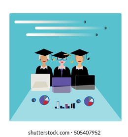 Smiling students in academic caps at seminar. Vector illustration for web, banner,training,print