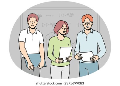 Smiling students with documents standing near board presenting in classroom. Happy pupils with paperwork make presentation in school. Vector illustration.