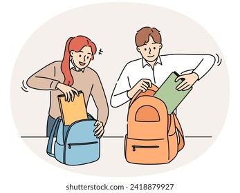 Smiling students pack backpacks in school or college. Happy pupils put books in bags finish classes in institution. Education. Vector illustration.