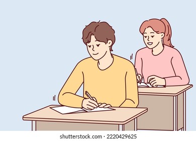 Smiling students sit at desk writing in notebooks on lesson in school. Happy pupils handwriting at class. Education and learning. Vector illustration. 