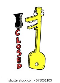 Smiling sturdy key reliably guards and protects apartment, gate, store or storage locked door that hides secrets, various objects and things in safety. Inscription "closed" below the keyhole