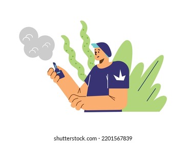 Smiling stylish boy in hat vaping flat style, vector illustration isolated on white background. Smoking alternative, character holding in hand electronic device for vaping, health