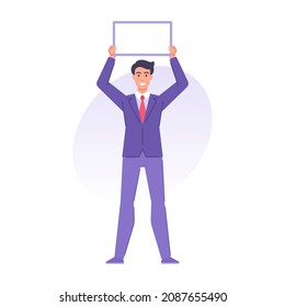 Smiling stylish business man holding empty banner placard advertising message presentation vector flat illustration. Happy male tie suit with board, billboard display agitation communication isolated