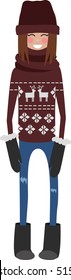 Smiling Stylish girl in christmas sweater. Flat character. Hand drawn vector illustration. Winter card.