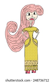 Smiling stylish girl with light pink long hair, in long dotted dress and high heels boots