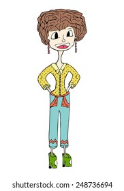 Smiling stylish girl with short brown hair, blouse, pants with packets, high heels, earrings, vector, illustration