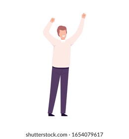 Smiling Successful Businessman Celebrating Victory, Male Office Character Dressed in Business Clothes Standing with His Hands Up Flat Vector Illustration
