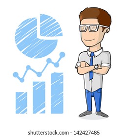 Smiling successful businessman with glasses standing on Infographics style sketch. Cartoon character. Vector Illustration
