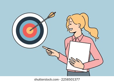 Smiling successful businesswoman posing near arrow reaching hitting target. Confident motivated female employee show aim achievement. Success at work. Vector illustration. 