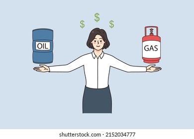 Smiling successful businesswoman sell oil and gas barrels to customer. Confident female employee compare natural resources prices. Fuel and petroleum concept. Vector illustration. 