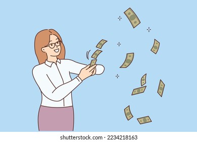 Smiling successful businesswoman throw cash in air celebrate lottery win. Happy confident rich woman waste money. Finance and wellbeing. Vector illustration. 