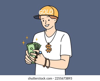 Smiling successful male rapper in cap holding money hands counting income. Happy cool man musician or artist with dollars. Wellness and rich performer. Vector illustration. 