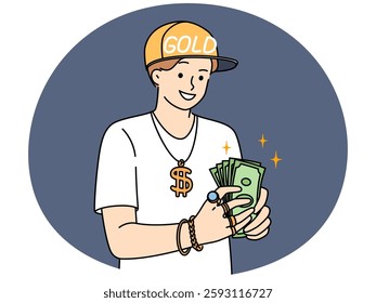 Smiling successful male rapper in cap holding money hands counting income. Happy cool man musician or artist with dollars. Wellness and rich performer. Vector illustration.