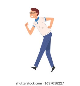 Smiling Successful Young Man in Casual Clothes Running to Finish Line Vector Illustration