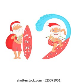 Smiling summer Santa Claus with African braids in the beard, cap and bag with gifts on a surfboard with stars