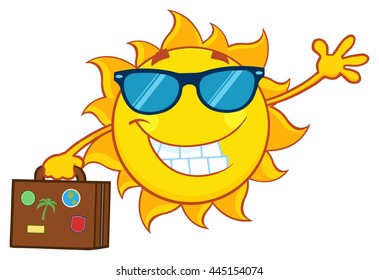 Smiling Summer Sun Cartoon Mascot Character With Sunglasses Carrying Suitcase And Waving. Vector Illustration Isolated On White Background