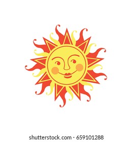Smiling summer sun with rays vector illustration. Happiness abstract graphic sign. Positive creative design icon. 
