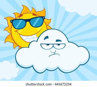 Smiling Summer Sun With Sunglasses And Grumpy Cloud Mascot Cartoon Characters. Vector Illustration With Sunburst Background