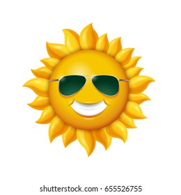 Smiling summer sun in sunglasses. Vector illustration isolated on white background