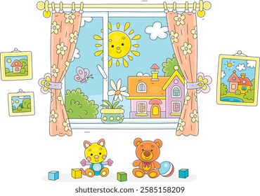Smiling summer sun in a window with pretty curtains and funny baby toys in a nursery room decorated with pictures, vector cartoon illustration isolated on a white background