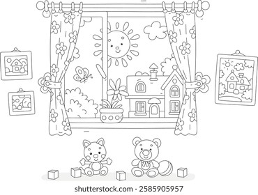 Smiling summer sun in a window with pretty curtains and funny baby toys in a nursery room decorated with pictures, black and white outlined vector illustrations for a coloring book