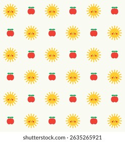 Smiling sun and apple seamless pattern design. Vector illustration.