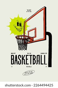 Sol sonriente en el aro del baloncesto. Tipografía de baloncesto de seda de pantalla de camiseta de impresión vectorial ilustración.